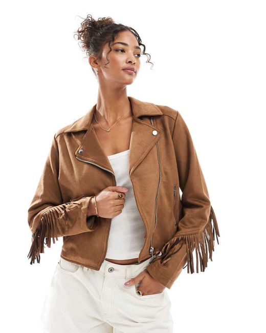 New Look Brown Fringe Suedette Biker Jacket