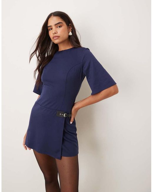 ASOS Blue Wide Short Sleeve Mini Dress With Side Buckle
