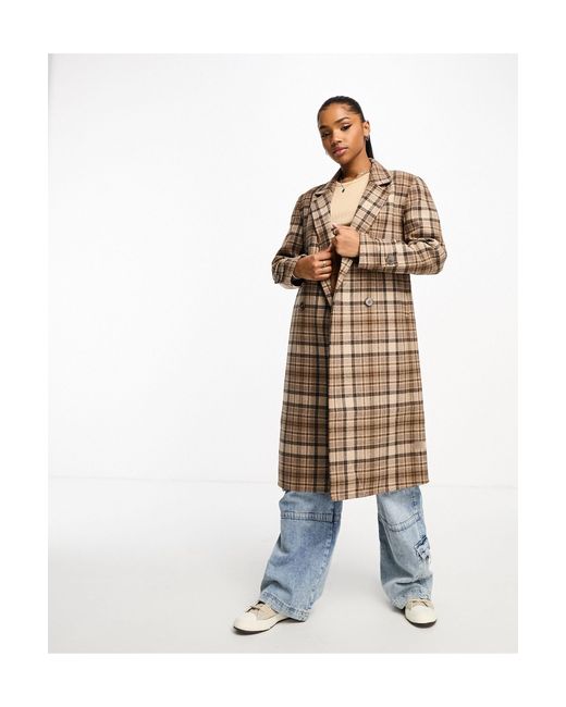 Urban Revivo White Check Print Double Breasted Long Coat