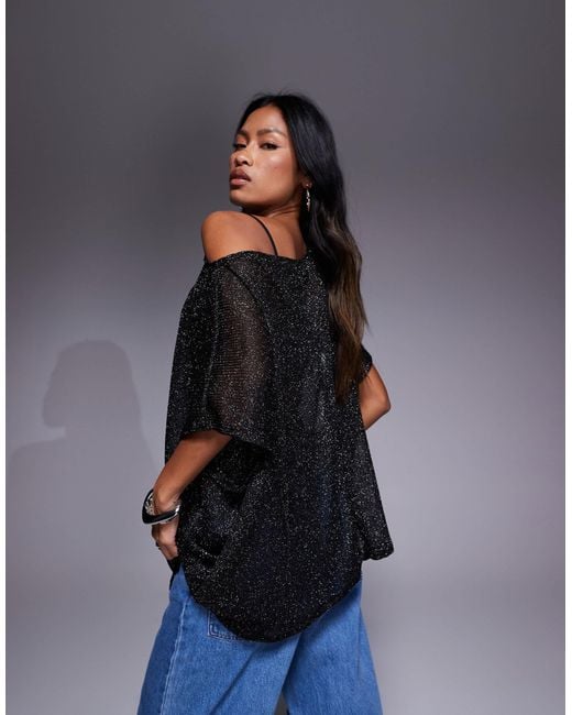 ASOS Blue Sheer Metallic Oversized Slouchy Off Shoulder Cape Top