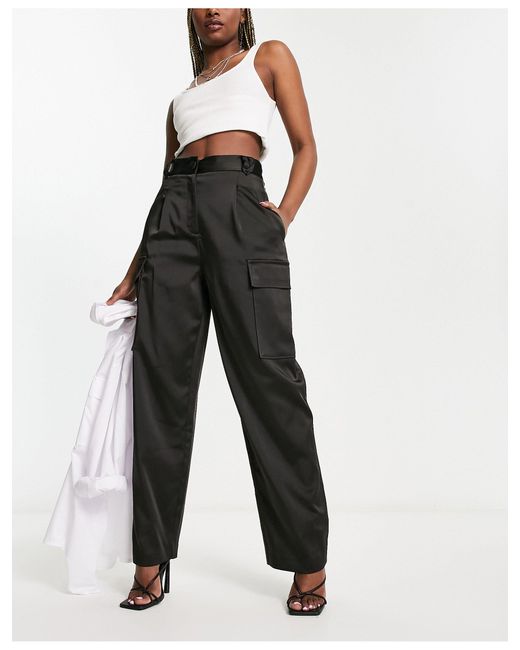 River Island Satin Utility Cargo Pants in Black Lyst