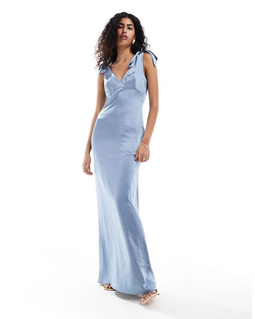 Pretty Lavish Blue Bridesmaid Piper Satin Tie Shoulder Maxi Dress