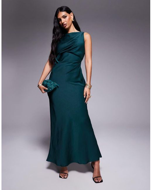 ASOS Blue Drape Bodice Satin Maxi Dress With Cowl Back Detail