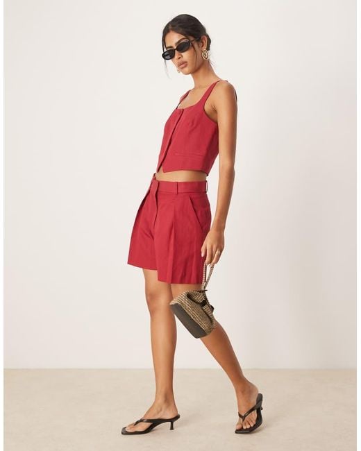 Mango Red Linen Blend Tailo Pleat Front Short Co-ord