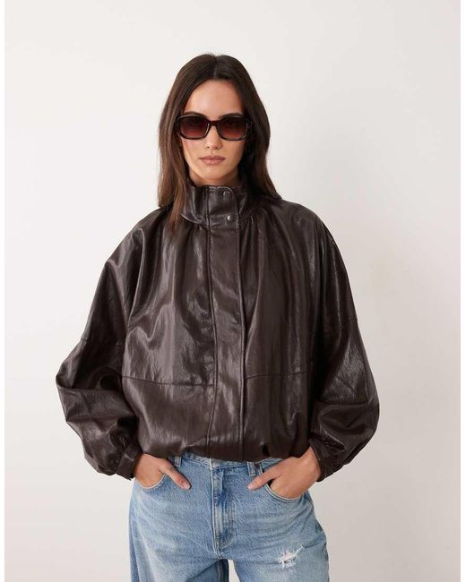 Jdy Brown Funnel Neck Faux Leather Bomber Jacket