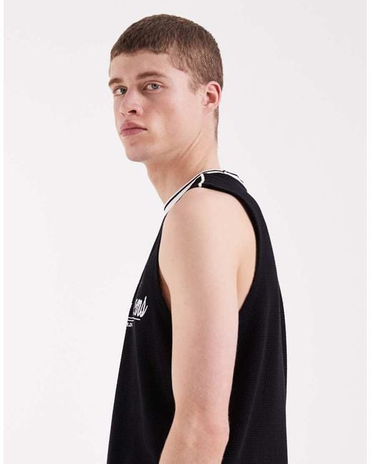 ASOS Black Heavyweight Regular Fit Graphic Print Tank With Panelled Shoulders for men