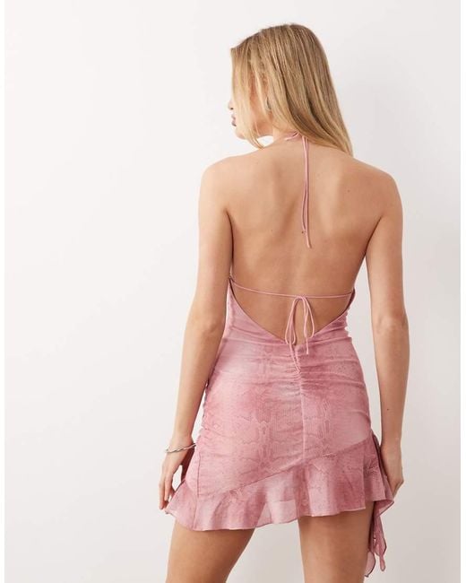 I.AM.GIA Pink Vira Plunge Neck Open Tie Back Ruffle Hem Mini Dress