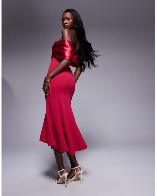 Goddiva Red Twist Knot Satin & Scuba Bardot High Low Midi Dress
