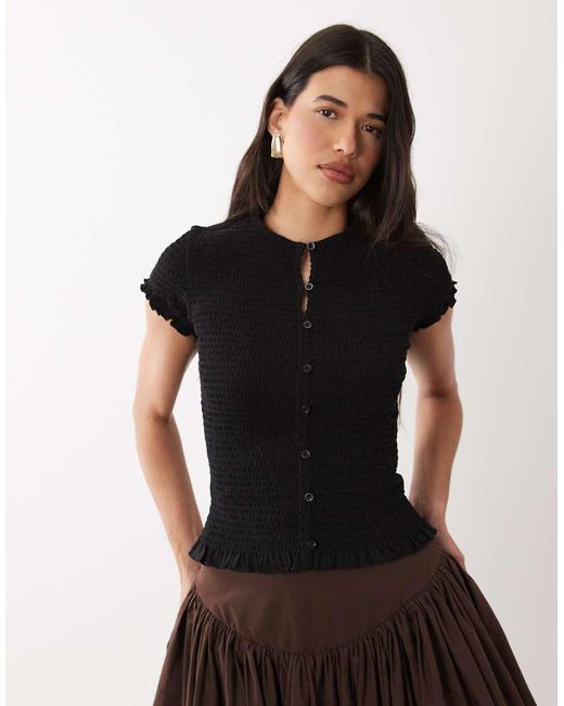 ASOS Gesmokte Top Van Katoen Met Korte Mouwen En Knoopsluiting in het Black