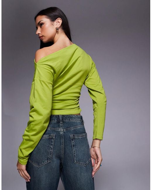 ASOS Green Off Shoulder Cinched Waist Long Sleeve Asymmetric Top