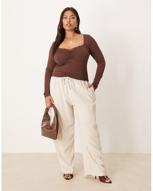 ASOS Brown Asos Design Curve Slinky Square Neck Ruched Front Long Sleeve Top With Lace