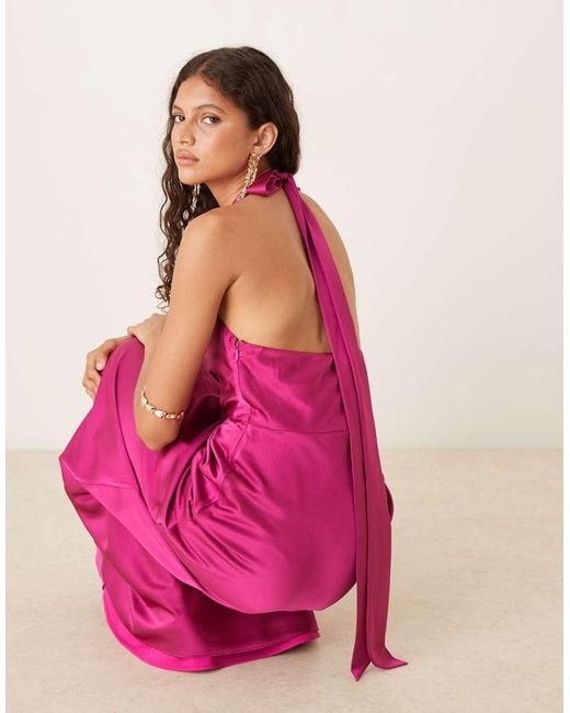 Six Stories Pink Twist Front Satin Maxi Dress