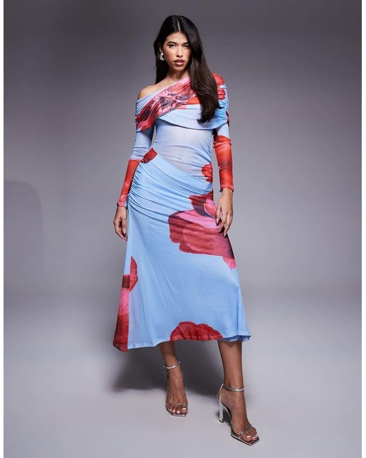 ASOS Blue Long Sleeve Slouchy Bardot Mesh Mix Maxi Dress