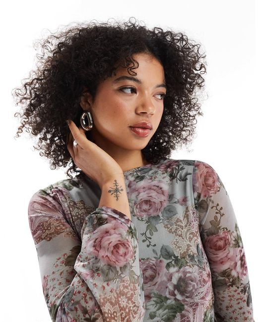 Miss Selfridge Multicolor – netzstoff-minikleid mit sehr weiten glockenärmeln und 70er-print