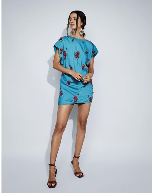 ASOS Blue Open Back Cluster Embellished Mini T-shirt Dress