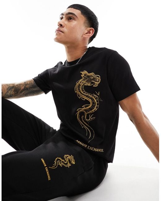 Armani Exchange Black Lunar Capsule Gold Embroid Dragon Logo T-shirt for men