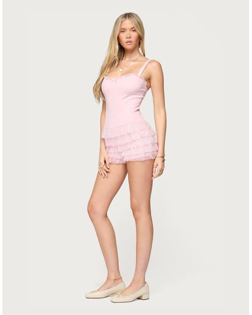 Edikted Pink Lacey Ruffled Romper