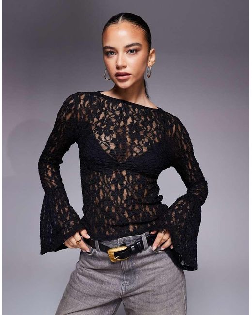 ASOS Gray Sheer Lace Fluted Cuff Top