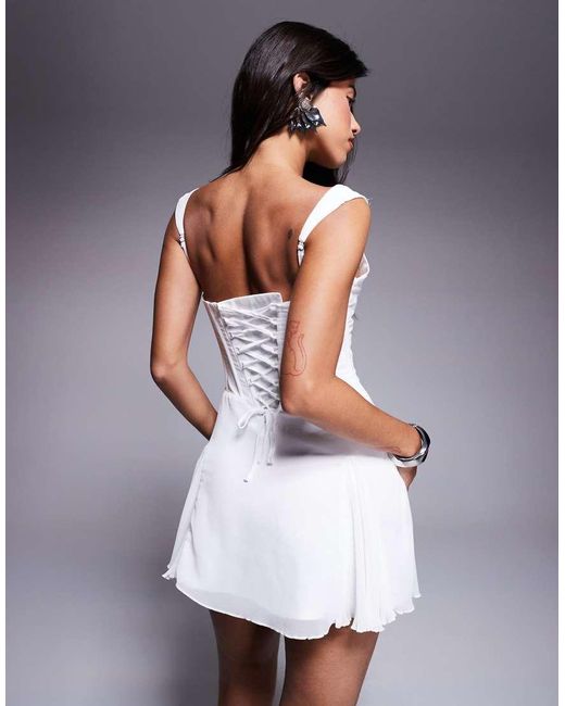 Murci White Exclusive Chiffon Corset Waist Pleated Hem Mini Dress
