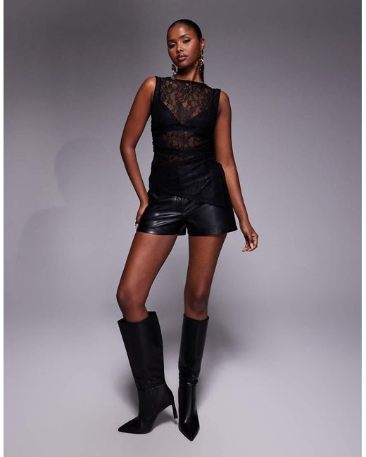 ASOS Black Sleeveless Gathered Side Lace Asymmetric Detail Top