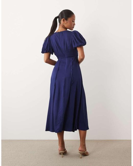 Nobody's Child Petite Blue Quinn Satin Puff Sleeve Midi Tea Dress