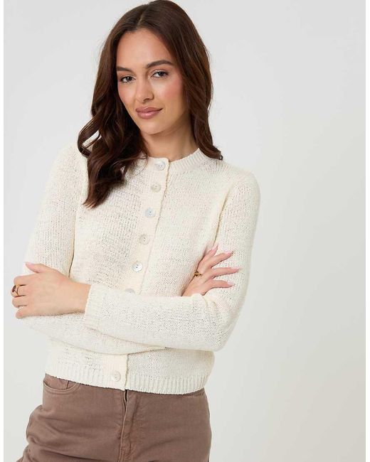 Threadbare Natural Knitted Yarn Crew Neck Cardigan