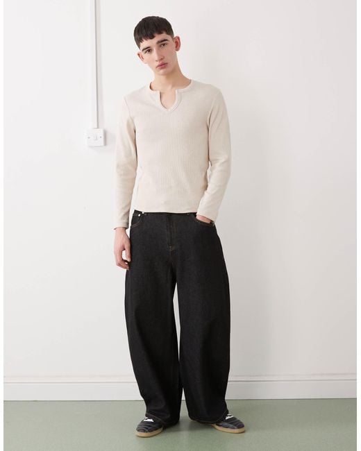 Collusion White Notch Neck Muscle Fit Long Sleeve Henley T-shirt for men