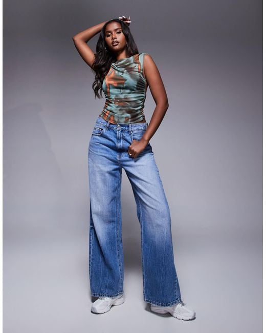 Top froncé en tulle à manches courtes - imprimé abstrait style grunge ASOS en coloris Blue
