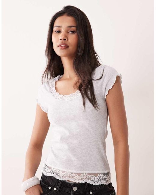 Miss Selfridge White Scoop Neck Fitted Rib Top With Lace Trim