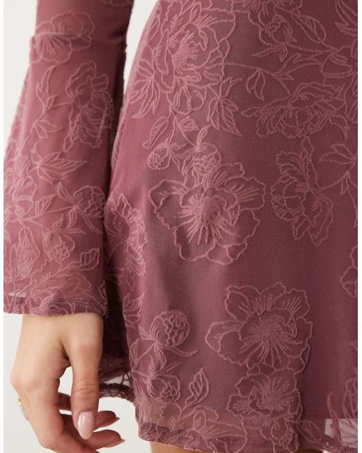 ASOS Brown Flocked Open Square Neck Mini Dress With Flute Sleeve Detail