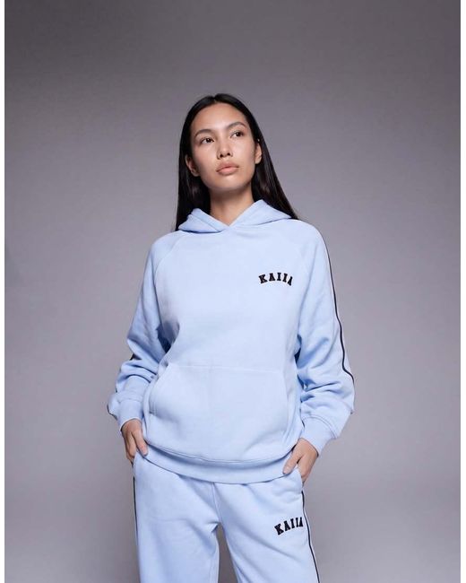 Kaiia Blue Cotton Rich Embroidered Logo Contrast Stripe Detail Oversized Hoodie