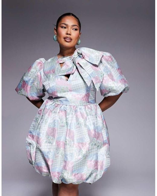 ASOS Purple Curve Jacquard Puff Sleeve Mini Dress With Bow
