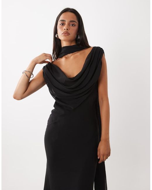 ASOS Black Draped Off Shoulder Scarf Detail Double Layer Maxi Dress