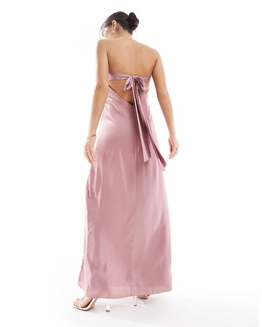 TFNC London Pink Bridesmaids Bandeau Satin Maxi Dress With Tie Back