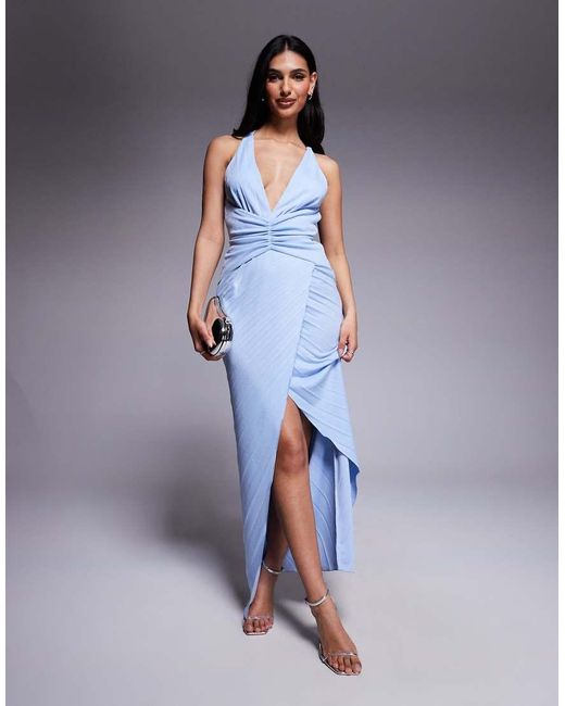 ASOS Blue Pleated Plunge Maxi Dress With Cinched Waist And Strappy Back