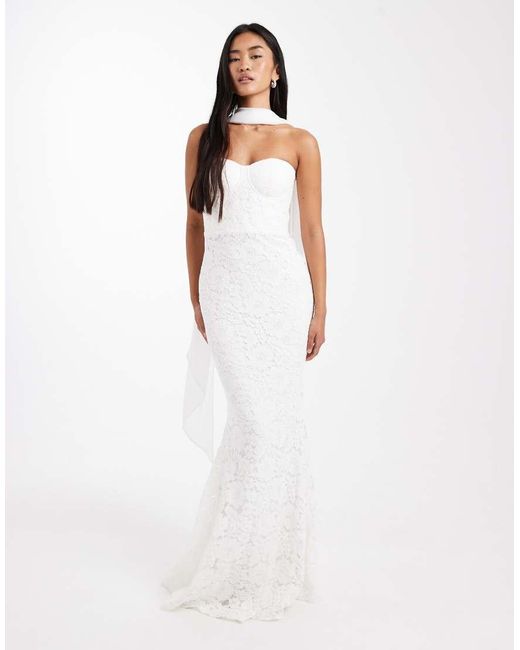 Six Stories White Bridal Lace Bandeau Scarf Neck Maxi Dress