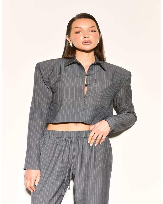 Noughts & Kisses Gray Velora Pinstripe Cropped Shirt