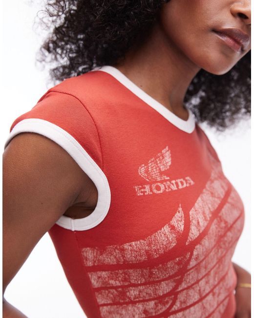 TOPSHOP Red Graphic License V Neck Honda Baby Tee