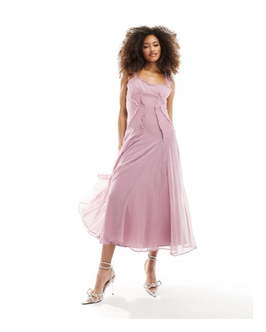 ASOS Pink Gathered Corset Detail Midi Dress With Cap Sleeve And Raw Edges