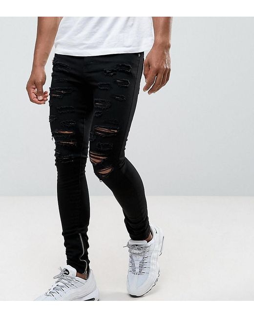 Granted Super Skinny Jeans In Black With Distressing And Zip Ankle for men