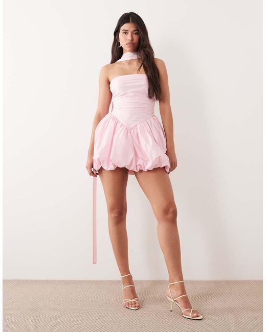 Kaiia Pink Exclusive Bandeau Scarf Detail Volume Puffball Mini Dress