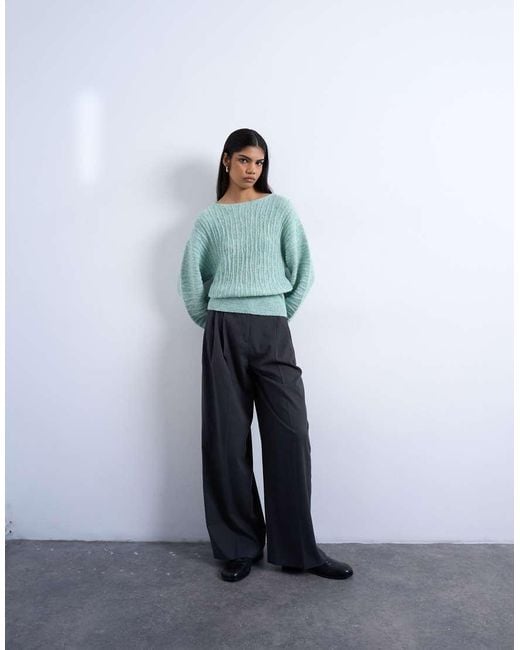 TOPSHOP Blue Knitted Slash Neck Wave Textured Jumper