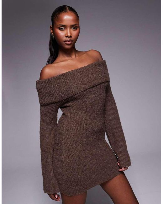 Aria Cove Purple Knitted Bardot Mini Jumper Dress