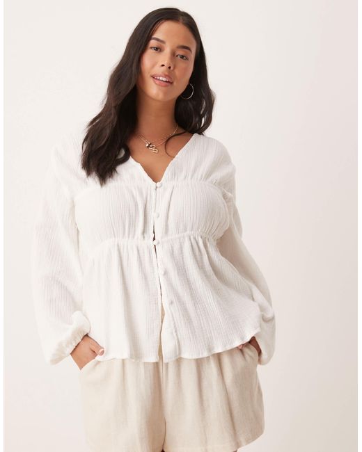 ASOS White Asos Design Curve Long Sleeve Smock Top With Button Front