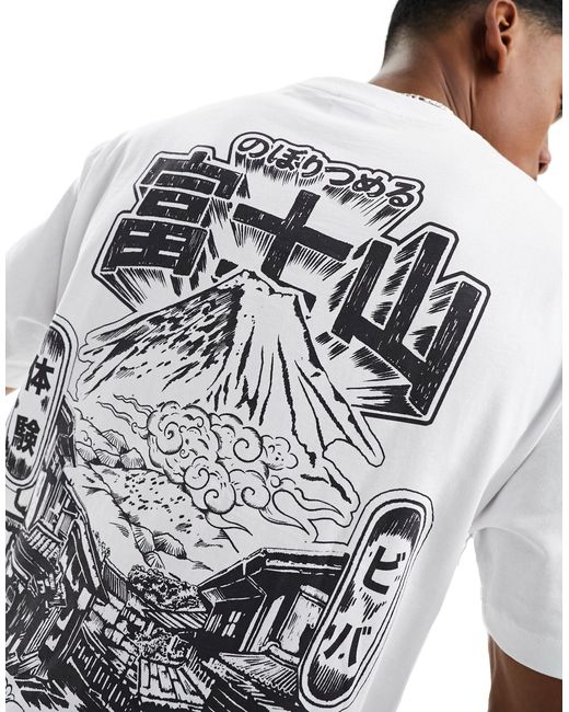 T-shirt bianca con stampa di montagna giapponese sul retro di Bershka in Blue da Uomo
