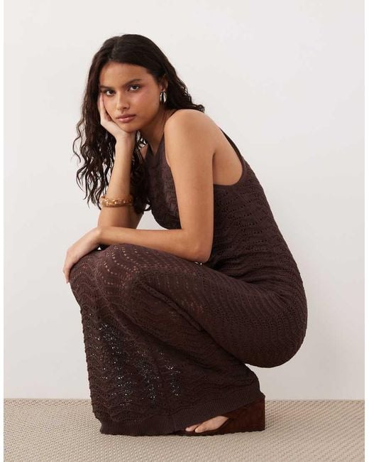 Y.A.S Brown Zigzag Crochet High Neck Sleeveless Midi Dress