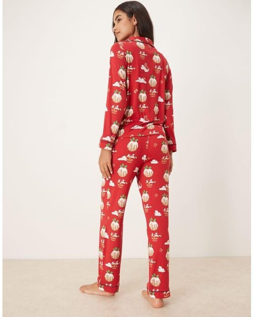 Chelsea Peers Red Poly Long Sleeve Revere Pyjama Set