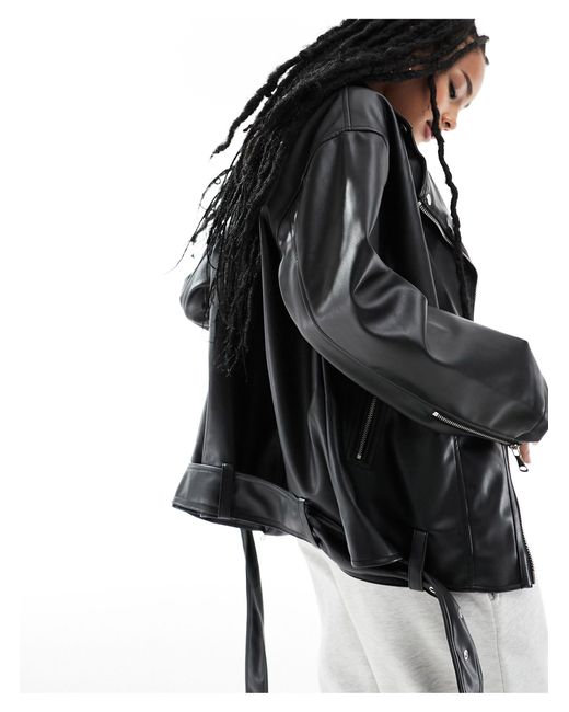 ASOS Black Asos Design Petite Longline Oversized Faux Leather Biker Jacket