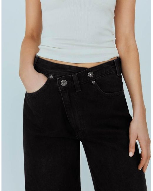 Bershka Black Petite Wide-Leg Cross-Waist Jeans