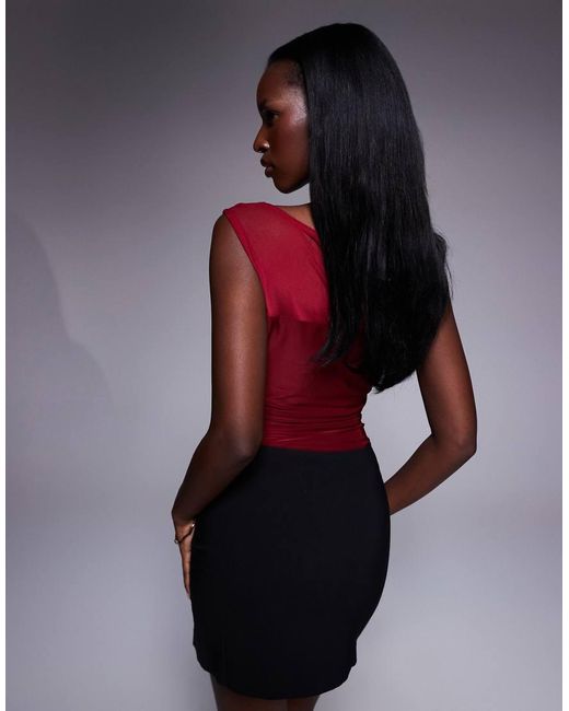 ASOS Red Cowl Front Mesh Slinky Mix Bodysuit